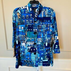 Ali Miles NWT 1X Coat Jacket Shacket Blue Button Downtown Artsy Abstract